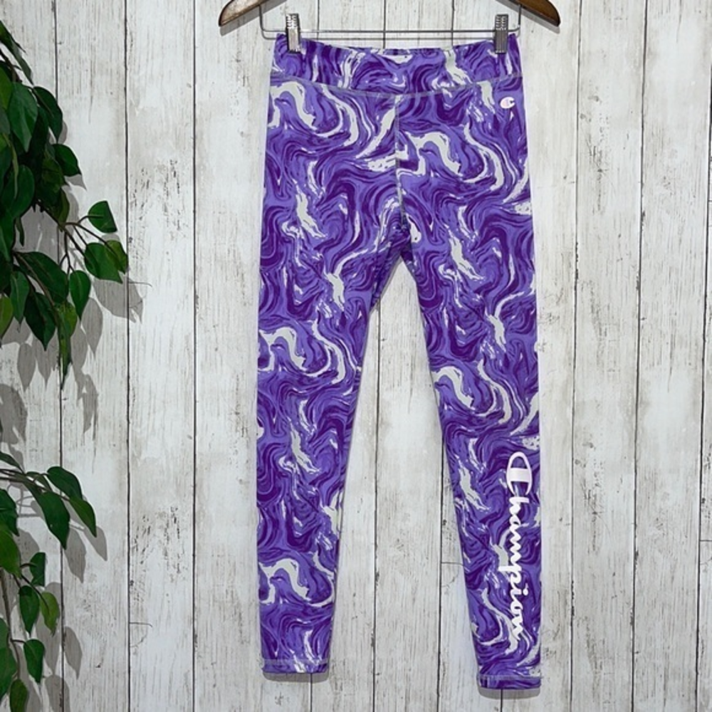Kids Champion Athletic Leggings Purple Swirl‎ Print Logo Size 14 16